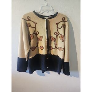 Crystal Kobe Fall Autumn Brown Sweater Cardigan Large Embroidered Leafs Floral